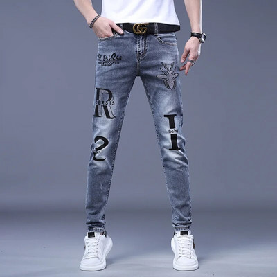 Blugi pentru bărbați de marcă de lux Stil punk și broderii și design slim cu strasuri de păianjen Îmbrăcăminte spălată din denim Blugi clasici