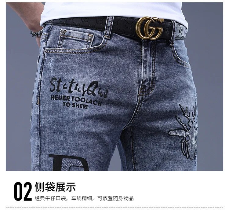 Blugi pentru bărbați de marcă de lux Stil punk și broderii și design slim cu strasuri de păianjen Îmbrăcăminte spălată din denim Blugi clasici