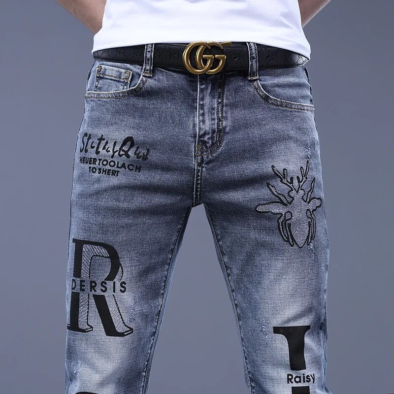 Blugi pentru bărbați de marcă de lux Stil punk și broderii și design slim cu strasuri de păianjen Îmbrăcăminte spălată din denim Blugi clasici