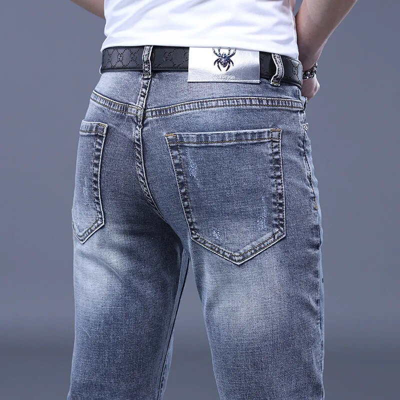 Blugi pentru bărbați de marcă de lux Stil punk și broderii și design slim cu strasuri de păianjen Îmbrăcăminte spălată din denim Blugi clasici