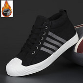 Zimné klasické čierne pánske plátené topánky, plyšové teplé vysoké pánske vulkanizované tenisky, módny trend, pánske skateboardové tenisky