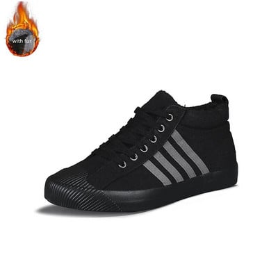 Zimné klasické čierne pánske plátené topánky, plyšové teplé vysoké pánske vulkanizované tenisky, módny trend, pánske skateboardové tenisky