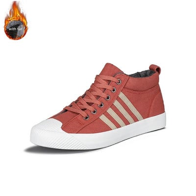 Zimné klasické čierne pánske plátené topánky, plyšové teplé vysoké pánske vulkanizované tenisky, módny trend, pánske skateboardové tenisky