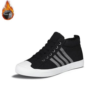 Zimné klasické čierne pánske plátené topánky, plyšové teplé vysoké pánske vulkanizované tenisky, módny trend, pánske skateboardové tenisky