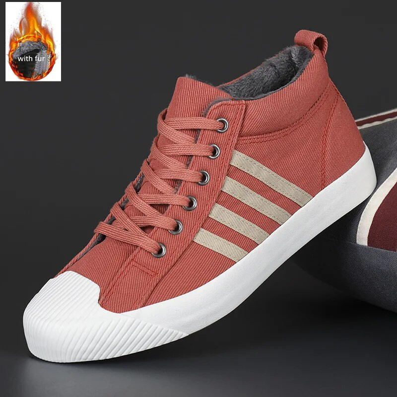 Zimné klasické čierne pánske plátené topánky, plyšové teplé vysoké pánske vulkanizované tenisky, módny trend, pánske skateboardové tenisky