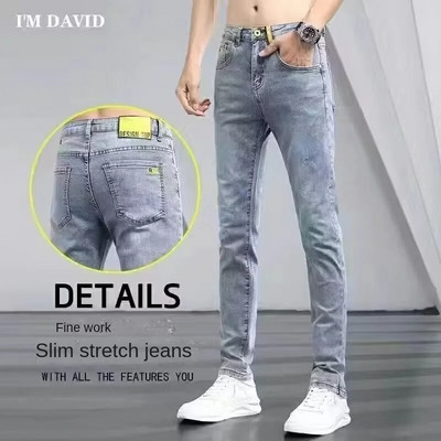 Vasaros korėjietiški prabangūs drabužiai, skalbti ploni vaikinas, džinsinis vyriškas drabužis, klasikiniai mėlyni džinsai su dizainerio „distressed“ džinsais vyrams