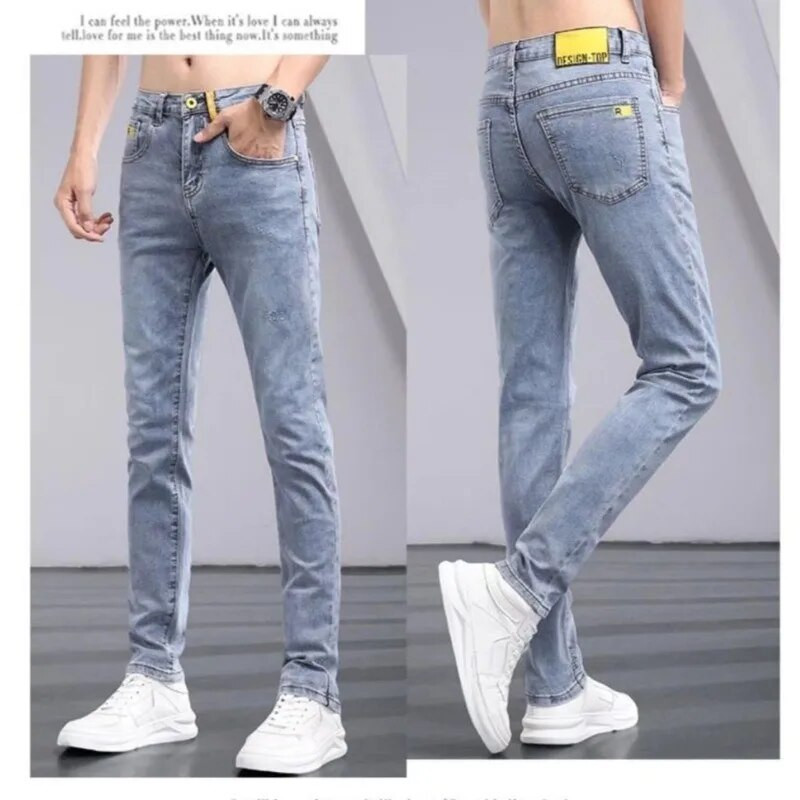 Vasaros korėjietiški prabangūs drabužiai, skalbti ploni vaikinas, džinsinis vyriškas drabužis, klasikiniai mėlyni džinsai su dizainerio „distressed“ džinsais vyrams