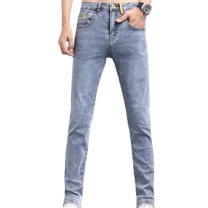 Vasaros korėjietiški prabangūs drabužiai, skalbti ploni vaikinas, džinsinis vyriškas drabužis, klasikiniai mėlyni džinsai su dizainerio „distressed“ džinsais vyrams