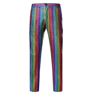 Pantaloni colorați pentru bărbați Pantaloni uni pentru bărbați Pantaloni eleganti pentru bărbați Pantaloni de discoteca cu paiete curcubeu pentru club de noapte Dj Stage Aplicație largă