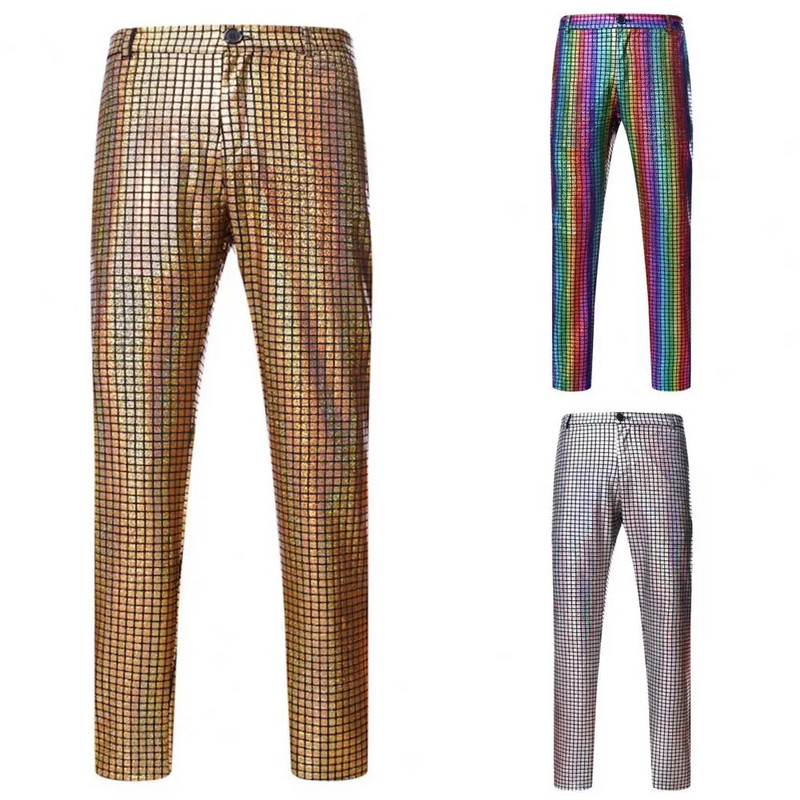 Pantaloni colorați pentru bărbați Pantaloni uni pentru bărbați Pantaloni eleganti pentru bărbați Pantaloni de discoteca cu paiete curcubeu pentru club de noapte Dj Stage Aplicație largă