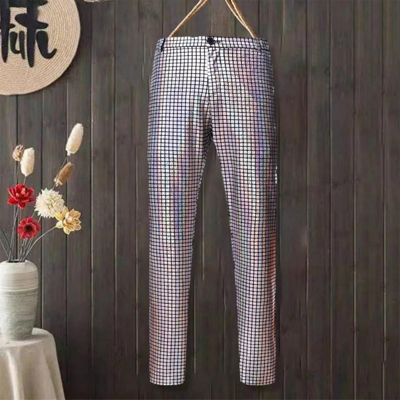 Pantaloni colorați pentru bărbați Pantaloni uni pentru bărbați Pantaloni eleganti pentru bărbați Pantaloni de discoteca cu paiete curcubeu pentru club de noapte Dj Stage Aplicație largă