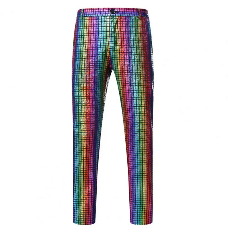 Pantaloni colorați pentru bărbați Pantaloni uni pentru bărbați Pantaloni eleganti pentru bărbați Pantaloni de discoteca cu paiete curcubeu pentru club de noapte Dj Stage Aplicație largă
