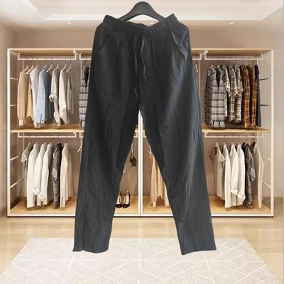 Pantaloni de in din bumbac pentru bărbați, vară, toamnă, de culoare uni, pantaloni de in, largi, respirabili, cu șnur, pantaloni casual, îmbrăcăminte de fitness pentru bărbați