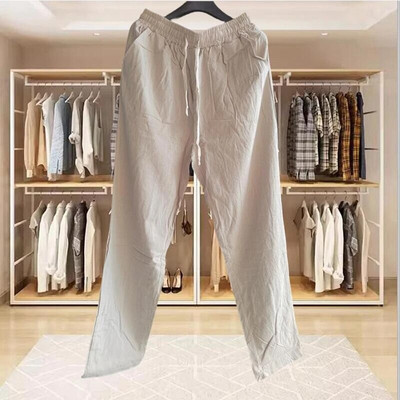 Pantaloni de in din bumbac pentru bărbați, vară, toamnă, de culoare uni, pantaloni de in, largi, respirabili, cu șnur, pantaloni casual, îmbrăcăminte de fitness pentru bărbați