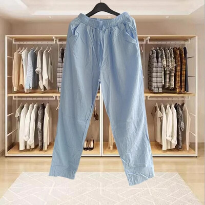 Pantaloni de in din bumbac pentru bărbați, vară, toamnă, de culoare uni, pantaloni de in, largi, respirabili, cu șnur, pantaloni casual, îmbrăcăminte de fitness pentru bărbați