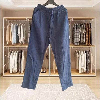 Pantaloni de in din bumbac pentru bărbați, vară, toamnă, de culoare uni, pantaloni de in, largi, respirabili, cu șnur, pantaloni casual, îmbrăcăminte de fitness pentru bărbați
