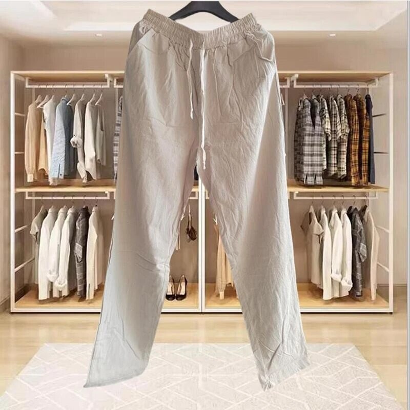 Muške pamučne lanene hlače Ljeto Jesen Jednobojne lanene hlače Labave prozračne ležerne hlače s uzicom Muška ulična odjeća za fitnes
