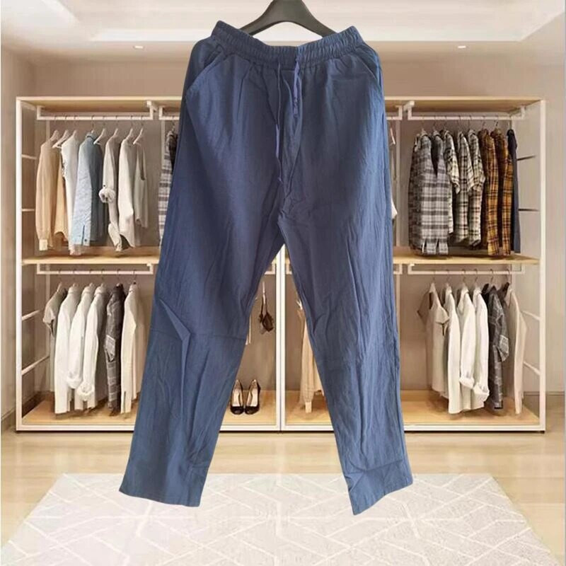 Muške pamučne lanene hlače Ljeto Jesen Jednobojne lanene hlače Labave prozračne ležerne hlače s uzicom Muška ulična odjeća za fitnes