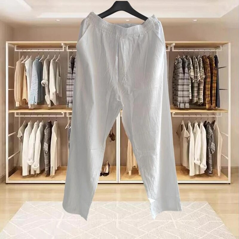 Muške pamučne lanene hlače Ljeto Jesen Jednobojne lanene hlače Labave prozračne ležerne hlače s uzicom Muška ulična odjeća za fitnes