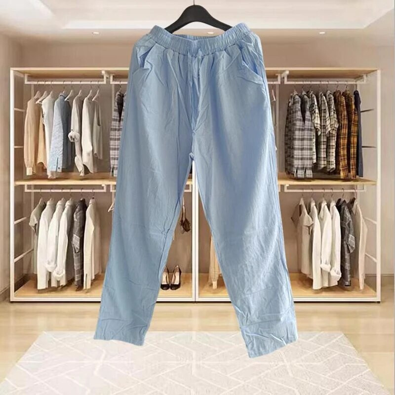 Muške pamučne lanene hlače Ljeto Jesen Jednobojne lanene hlače Labave prozračne ležerne hlače s uzicom Muška ulična odjeća za fitnes