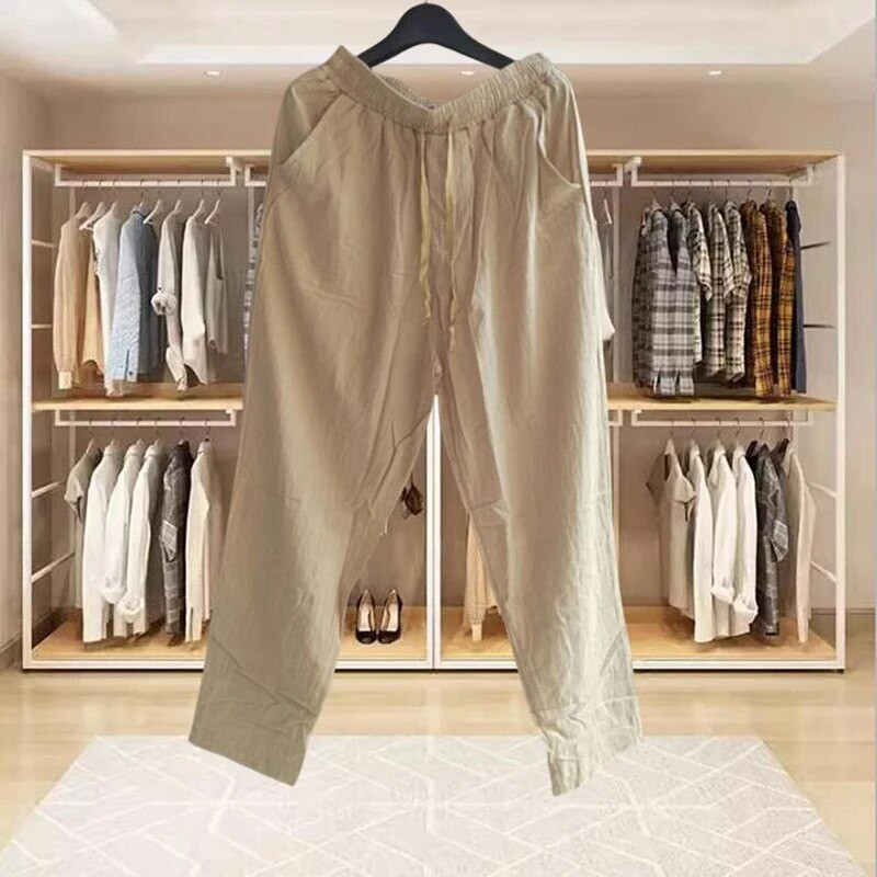 Muške pamučne lanene hlače Ljeto Jesen Jednobojne lanene hlače Labave prozračne ležerne hlače s uzicom Muška ulična odjeća za fitnes