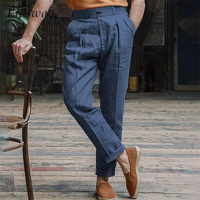 2023, primăvară, toamnă, pantaloni vintage, bumbac, in, ocazional, culoare solidă, pantaloni largi, drepti, pentru bărbați, pantaloni de plajă cu design clasic