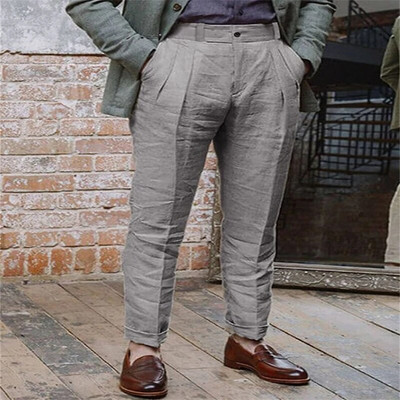 Pánske ležérne jednofarebné rovné voľné nohavice pre mužov s klasickým dizajnom, plážové nohavice z bavlny a ľanu 2023