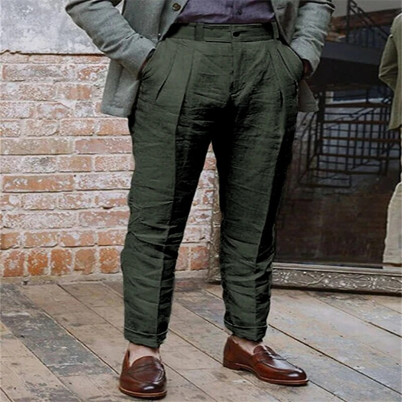 Pánske ležérne jednofarebné rovné voľné nohavice pre mužov s klasickým dizajnom, plážové nohavice z bavlny a ľanu 2023