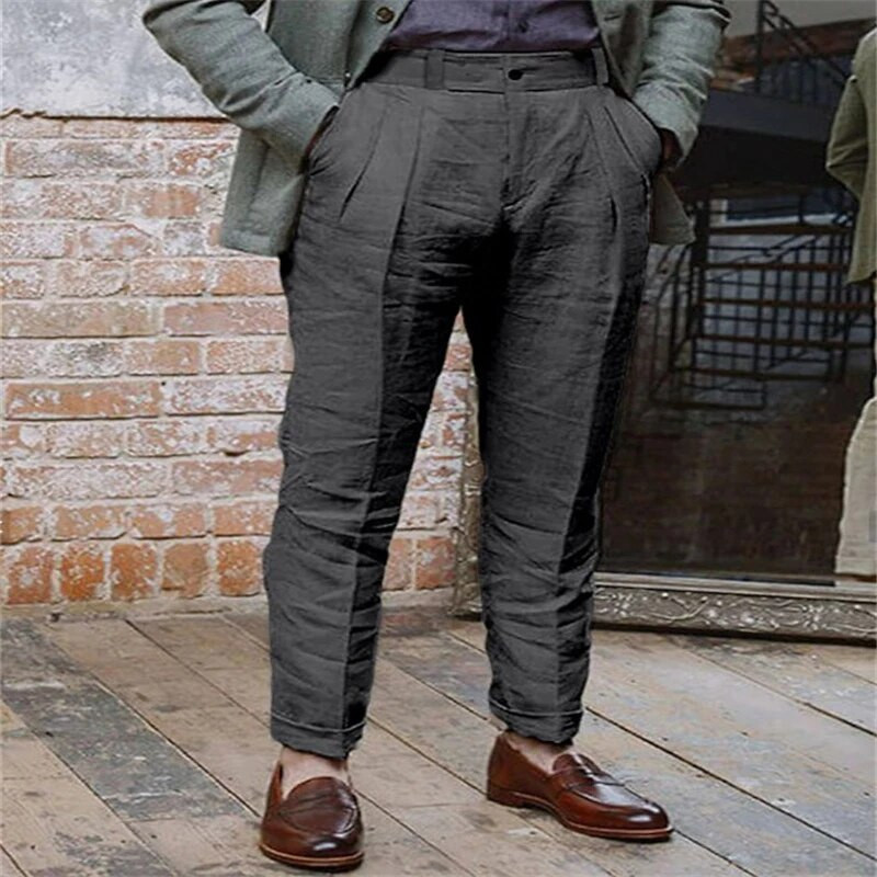 Pánske ležérne jednofarebné rovné voľné nohavice pre mužov s klasickým dizajnom, plážové nohavice z bavlny a ľanu 2023
