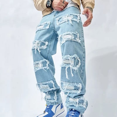 2023, simplu, elegant, bărbați, patch rupt Hip Hop, blugi largi, pantaloni de stradă, pantaloni drepți din denim pentru bărbați