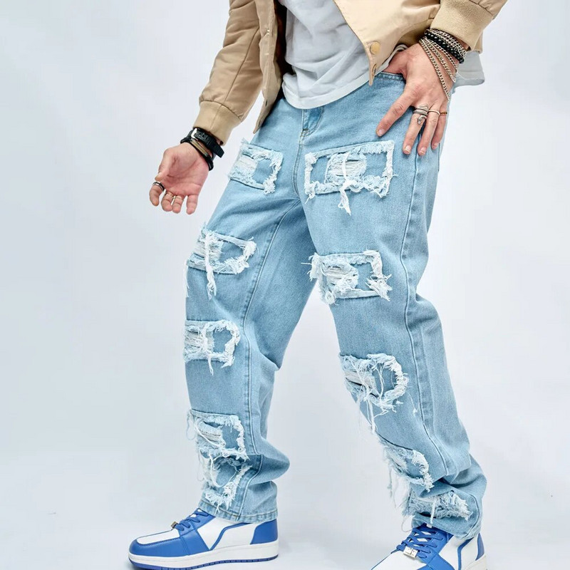 2023, simplu, elegant, bărbați, patch rupt Hip Hop, blugi largi, pantaloni de stradă, pantaloni drepți din denim pentru bărbați