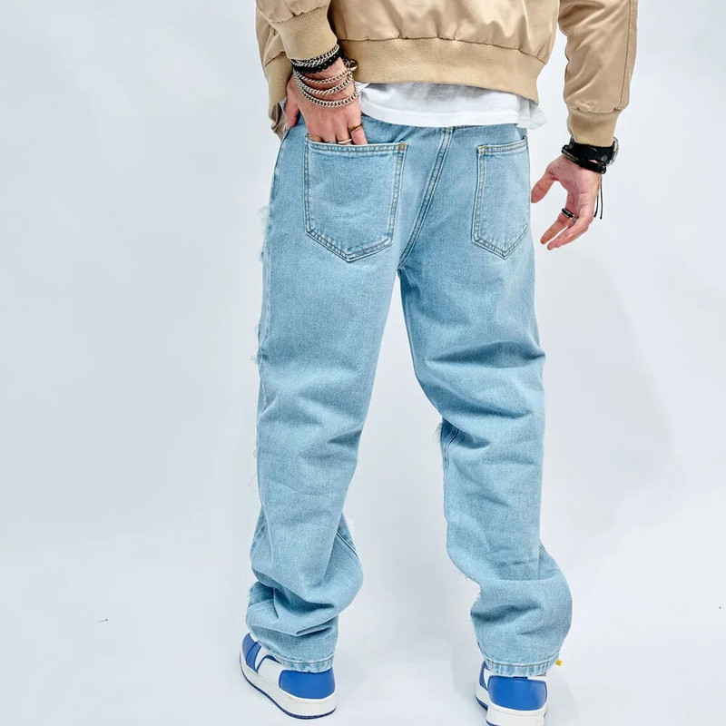 2023, simplu, elegant, bărbați, patch rupt Hip Hop, blugi largi, pantaloni de stradă, pantaloni drepți din denim pentru bărbați