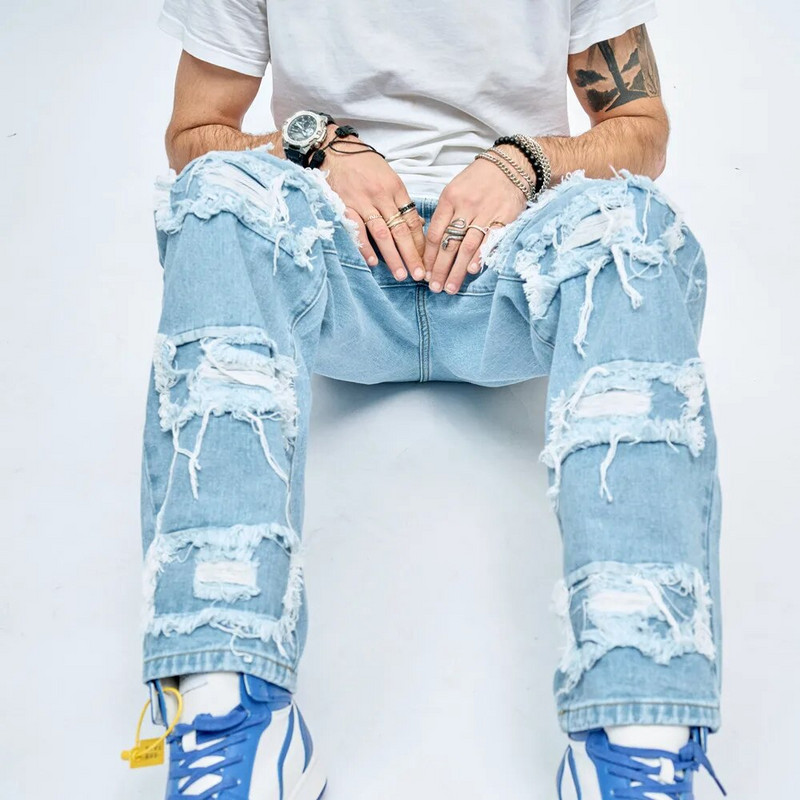 2023, simplu, elegant, bărbați, patch rupt Hip Hop, blugi largi, pantaloni de stradă, pantaloni drepți din denim pentru bărbați