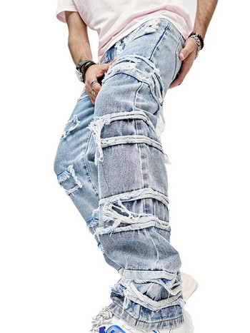 Μασίφ ριγέ φούντες Vintage τζιν ανδρικό παντελόνι Harajuku Hip hop φερμουάρ Τζιν παντελόνι Φθινόπωρο 2023 Μόδα casual ανδρικά ρούχα
