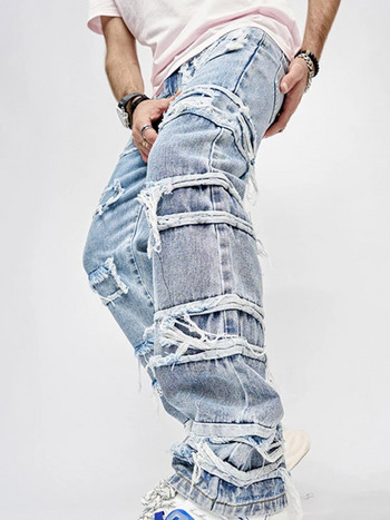 Едноцветни райета с пискюли Винтидж дънкови панталони Мъжки дънкови панталони с цип Harajuku Хип-хоп Есен 2023 Модни ежедневни мъжки дрехи