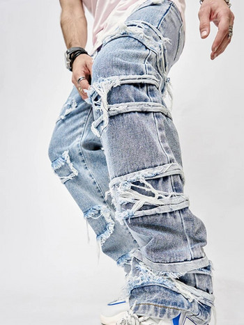 Едноцветни райета с пискюли Винтидж дънкови панталони Мъжки дънкови панталони с цип Harajuku Хип-хоп Есен 2023 Модни ежедневни мъжки дрехи