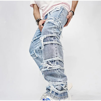 Pánske rifle s jednofarebnými pruhmi a strapcami, vintage džínsy, Harajuku, hip hop, zips, džínsové nohavice, jeseň 2023, módne ležérne pánske oblečenie