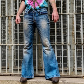 WENYUJH 2021 Мъжки изпъкнали дънки Bootcut крачоли Панталони Разкъсани пачуърк дънки Нов дизайнерски дънкови панталони с камбанка в стил пънк