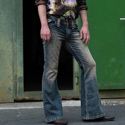 WENYUJH 2021 Blugi evazați pentru bărbați Pantaloni cu picioruș cu picior de gunoi Blugi patchwork învechiți Pantaloni de denim cu fund cu clopoței de designer nou stil punk