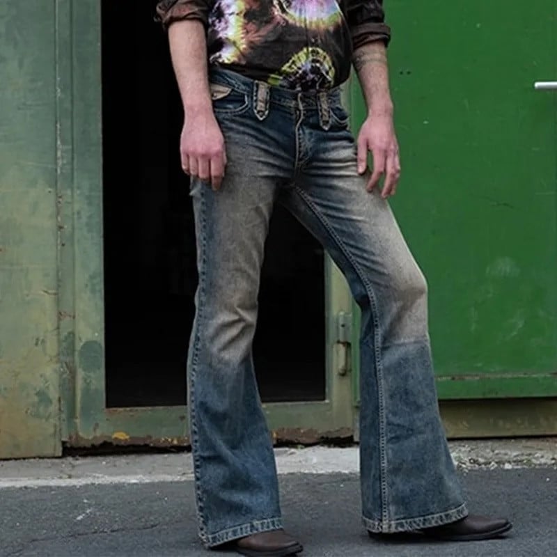 WENYUJH 2021 Blugi evazați pentru bărbați Pantaloni cu picioruș cu picior de gunoi Blugi patchwork învechiți Pantaloni de denim cu fund cu clopoței de designer nou stil punk