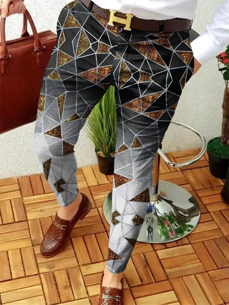 Pánske ležérne nohavice s geometrickým vzorom a rovnými nohavičkami z roku 2023, pánske jarné a jesenné módne pouličné oblečenie