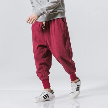 Βαμβακερό λινό Χάρεμ Παντελόνι Ανδρικό Μασίφ ελαστική μέση Streetwear Joggers 2022 Νέο φαρδύ παντελόνι σταγόνας με καβάλο Ανδρικά παντελόνια casual