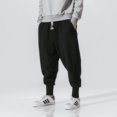 Pantaloni harem din bumbac și in, pentru bărbați, cu talie elastică solidă, pantaloni de jogging, pantaloni largi, cu crotch, pantaloni casual bărbați, 2022