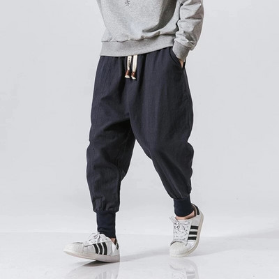 Pantaloni harem din bumbac și in, pentru bărbați, cu talie elastică solidă, pantaloni de jogging, pantaloni largi, cu crotch, pantaloni casual bărbați, 2022