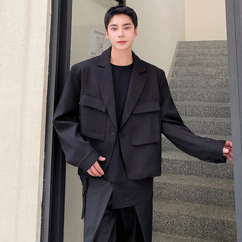 LUZHEN Мъжки корейски тънък стил, късо палто с ревери, костюм, блейзър Личност, триизмерно джобно едноцветно красиво яке 8f8373
