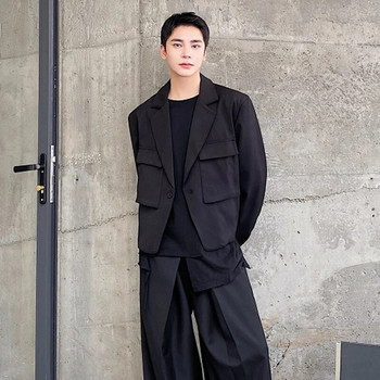 LUZHEN Мъжки корейски тънък стил, късо палто с ревери, костюм, блейзър Личност, триизмерно джобно едноцветно красиво яке 8f8373