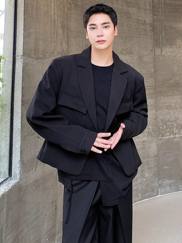 LUZHEN Pánske kórejské štíhle krátke klopové sako s trojrozmerným vreckom, jednofarebné, pekné sako 8f8373