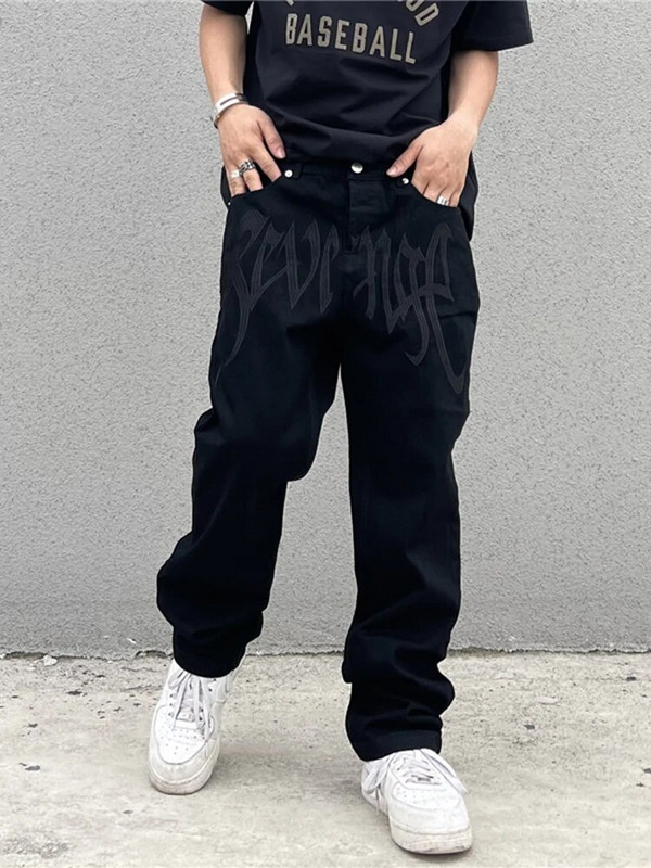 Pánske nohavice, dizajnové oblečenie, móda, čierna, pomsta, výšivka, slim fit, nohavice Y2k, pánske džínsy, hip hopové oblečenie, ležérne nohavice, džínsy