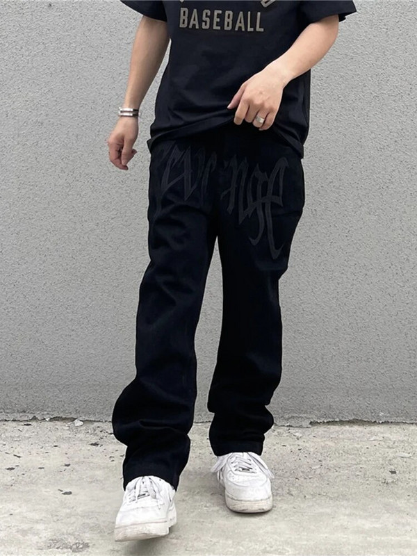 Pánske nohavice, dizajnové oblečenie, móda, čierna, pomsta, výšivka, slim fit, nohavice Y2k, pánske džínsy, hip hopové oblečenie, ležérne nohavice, džínsy