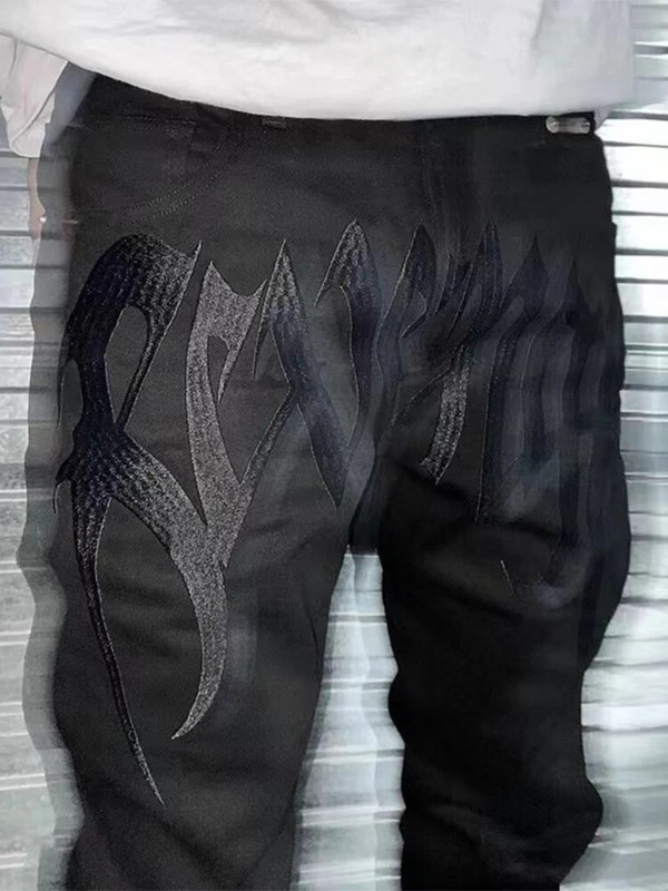 Pánske nohavice, dizajnové oblečenie, móda, čierna, pomsta, výšivka, slim fit, nohavice Y2k, pánske džínsy, hip hopové oblečenie, ležérne nohavice, džínsy